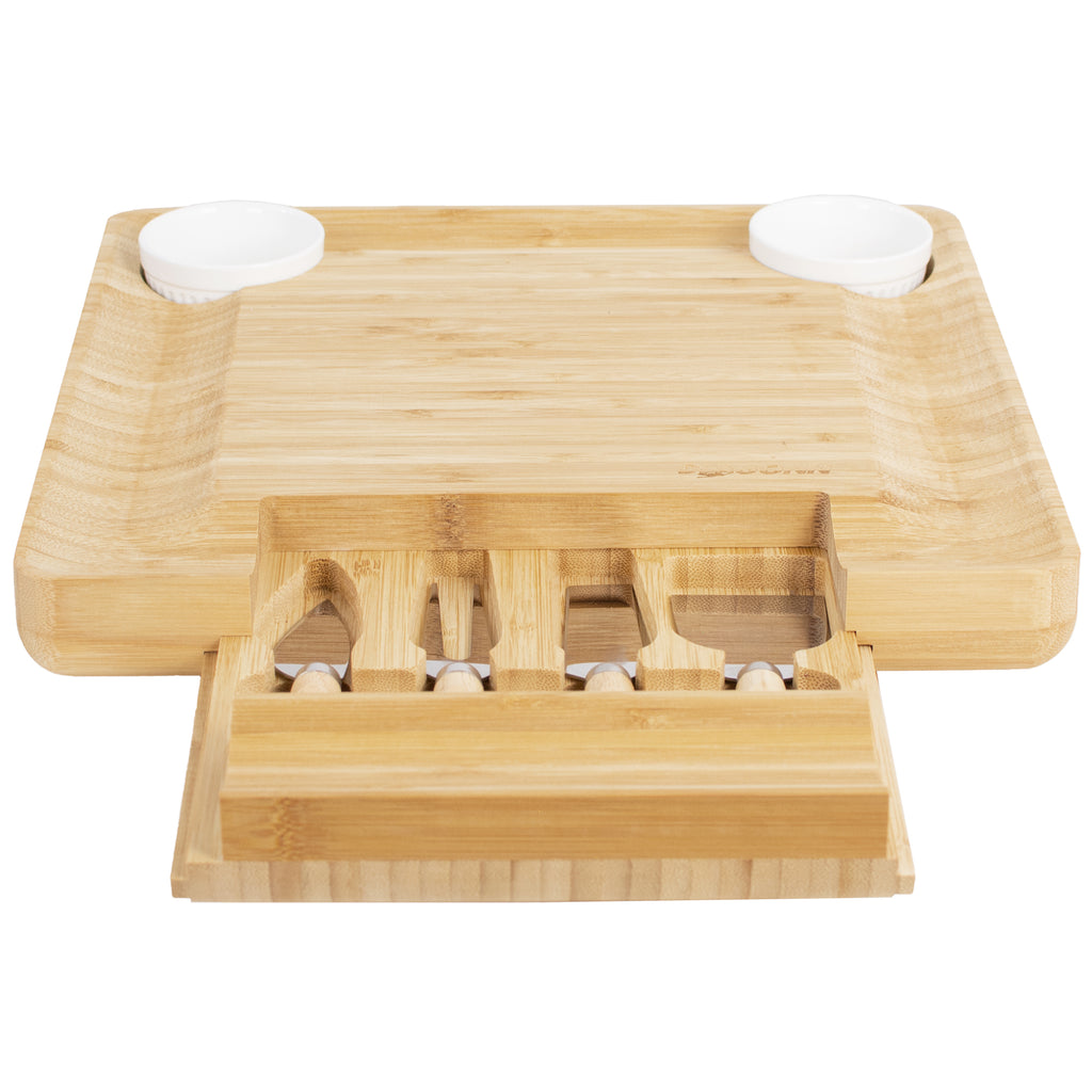 Natural Bamboo Cheese Board with Spreading Utensils and Ramekin Set
