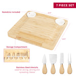 Natural Bamboo Cheese Board with Spreading Utensils and Ramekin Set