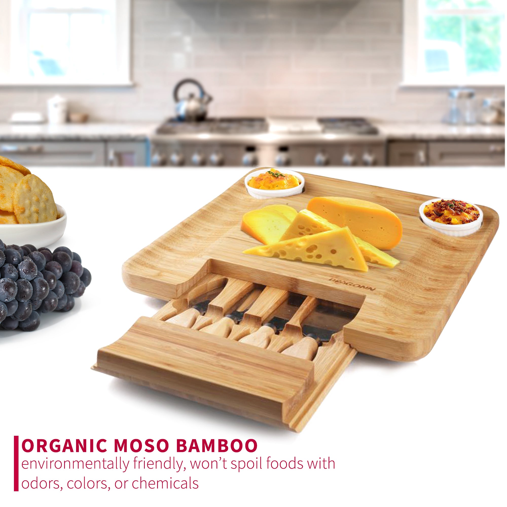 Natural Bamboo Cheese Board with Spreading Utensils and Ramekin Set –  Dragonn